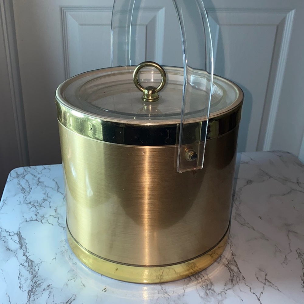 VTG Georges Briard Gold Ice Bucket Lucite Handle Lid Mid Century MCM Barware IOB